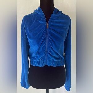 JUICY COUTURE Sapphire Blue Cropped Velour Hoodie Size Large Y2K Colorful Logo